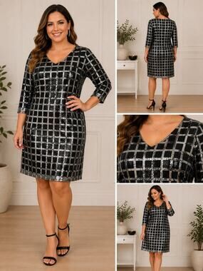 Metaphor Black Silver Sequin Grid Shift Dress NWT Size 10 Cocktail Party Midi